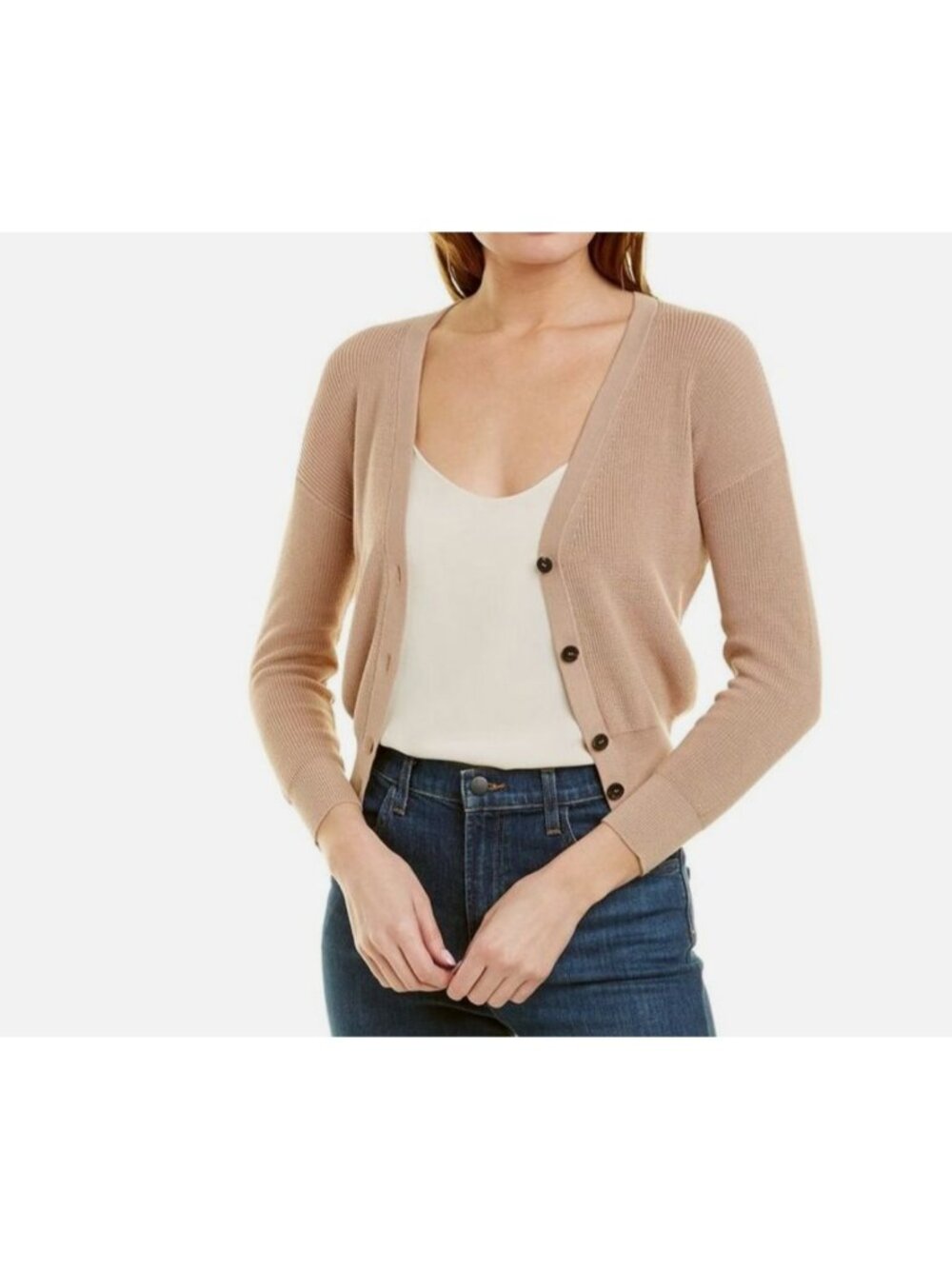 Peserico Knit Cardigan Sweater Camel Light Brown Cotton VNeck Italy 44 US L
